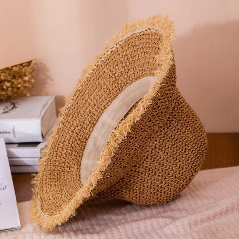 Crochet Straw Hat for Women Summer Handmade Hollow Out Panama Raffia Paper Tassel Edge Beach Hats UV Protect Foldable Sun Visor Y250707