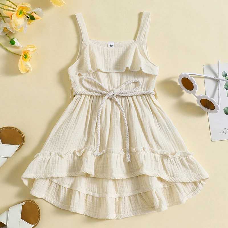 2024-05-07 Lioraitiin Baby Girl Summer Dress Casual Sleeveless Square Neck Belted Dress Toddler A-Line Dress R250707