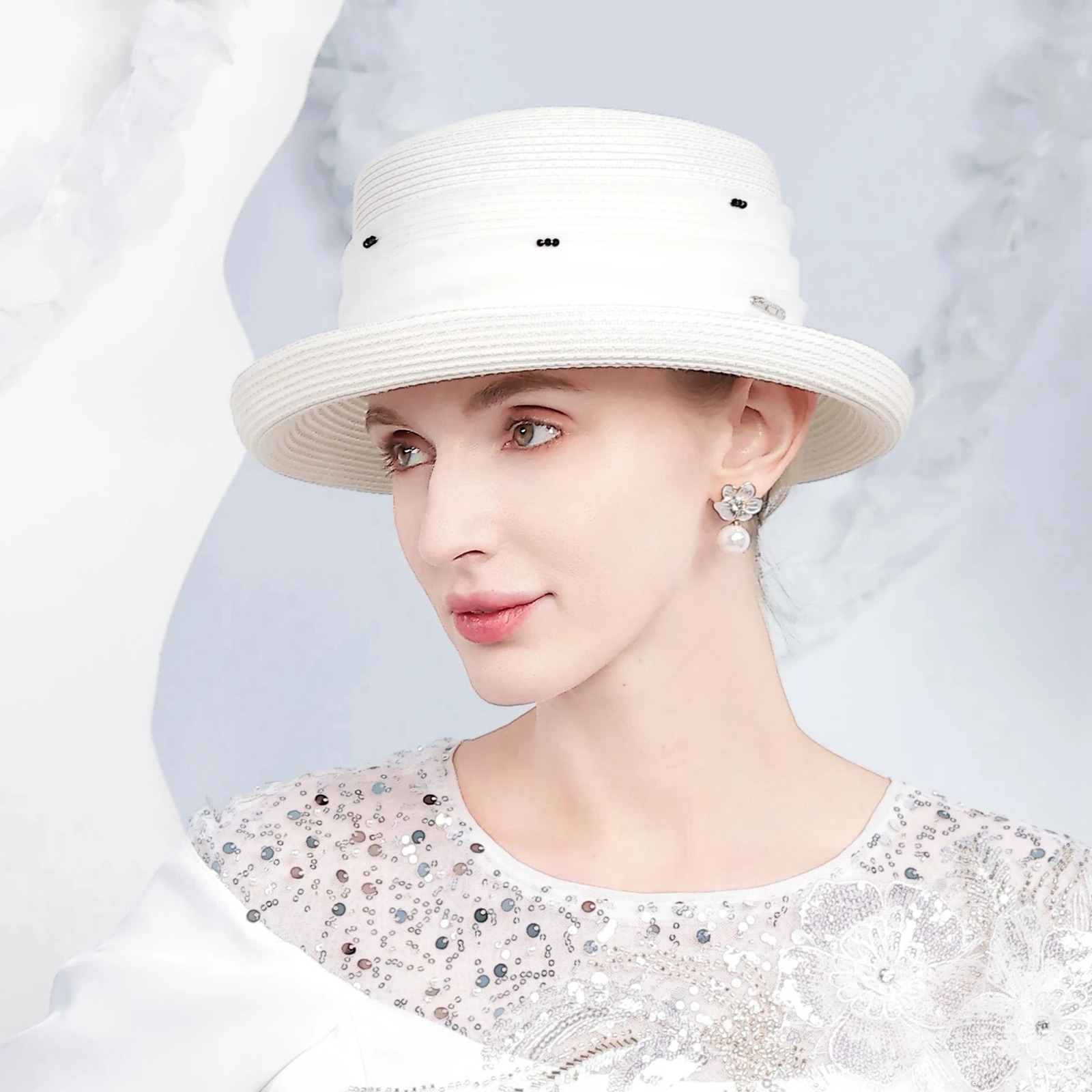 Summer White Church Hats For Women Elegant Wide Brim Straw Bucket Hat Outdoor Beach Sunshade Panama Cap Womens Hat 250707