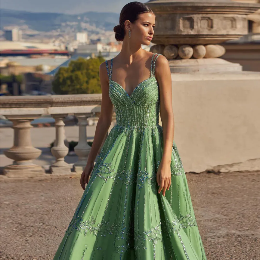 Customized Dubai Beaded Green Evening Dress for Women Prom Party Dresses V-neck A-Line Spaghetti Strap Prom Dress Dresses vestido de novia