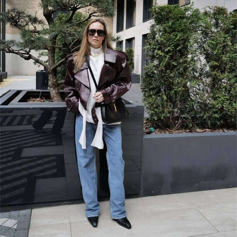 Fashion Lapel Leather Jacket Autumn Winter Women's Jackets Vintage Long Sleeve Crop Coats Belt High Street New In Outerwear