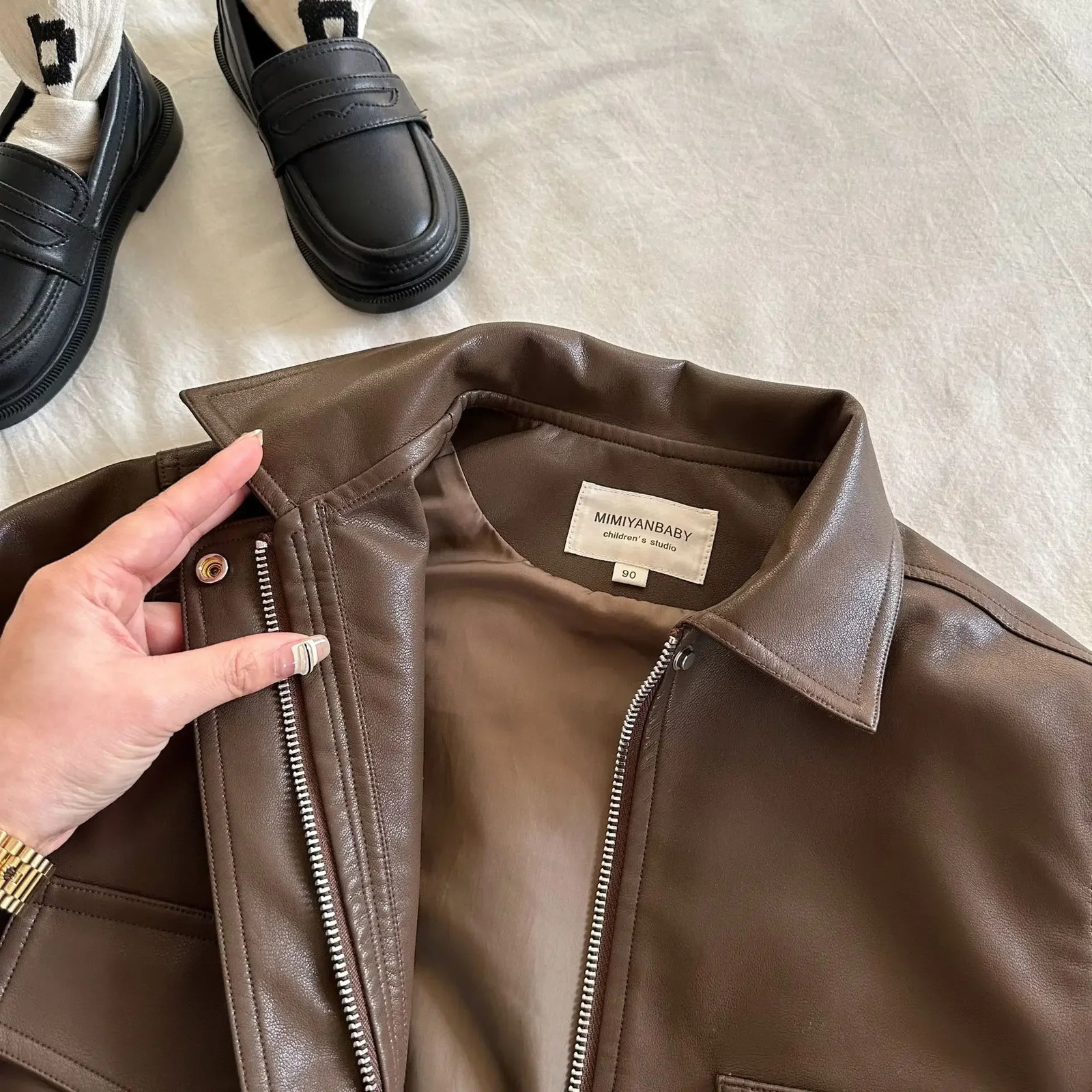 Childrens Jacket Autumn Solid Color Collar Leather Jacket for Boys and Girls Baby Short Coat Trendy 250704