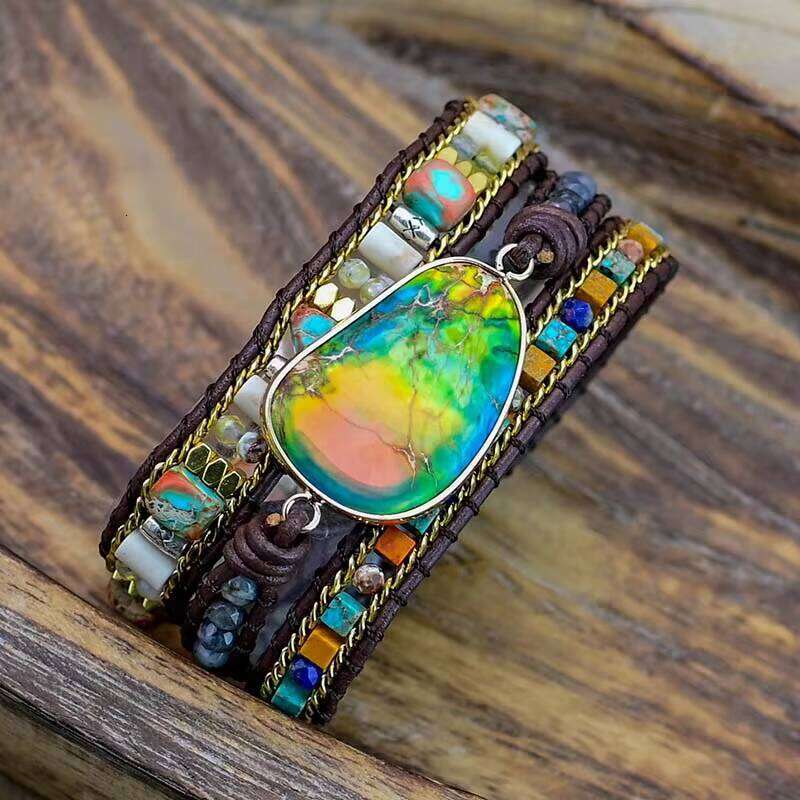 Mixed Color Imperial Irregular Natural Stone 3-Layer Wrapped Women's Jewelry Charm Bracelet