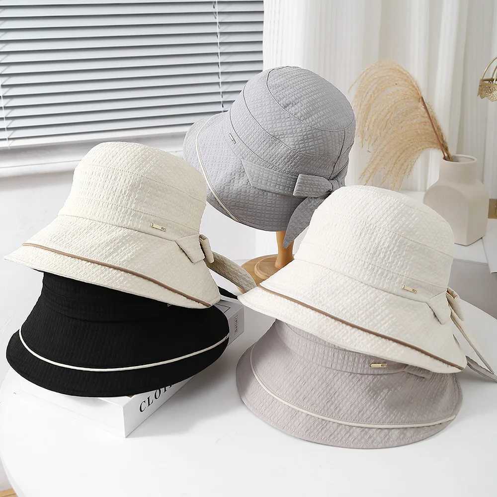Womens Bucket Hat Korean Style Retro Lady Fashion Cloth Bow Foldable Sunscreen Summer Hats For Women Trendy Fisherman Cap New Y250707