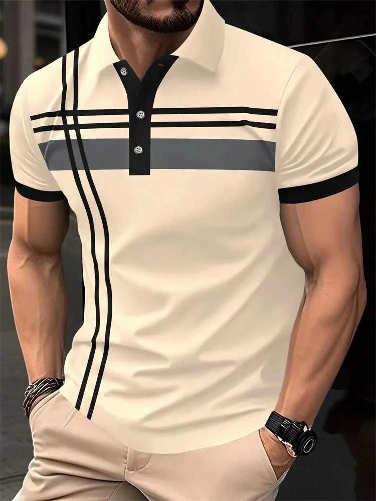 Fashion Stripe Print Polo T Shirt For Men Casual Lapel Loose Short Sleeve Tops Business Golf Clothing Comfortable Trend T-shirt Y250707 Y250707
