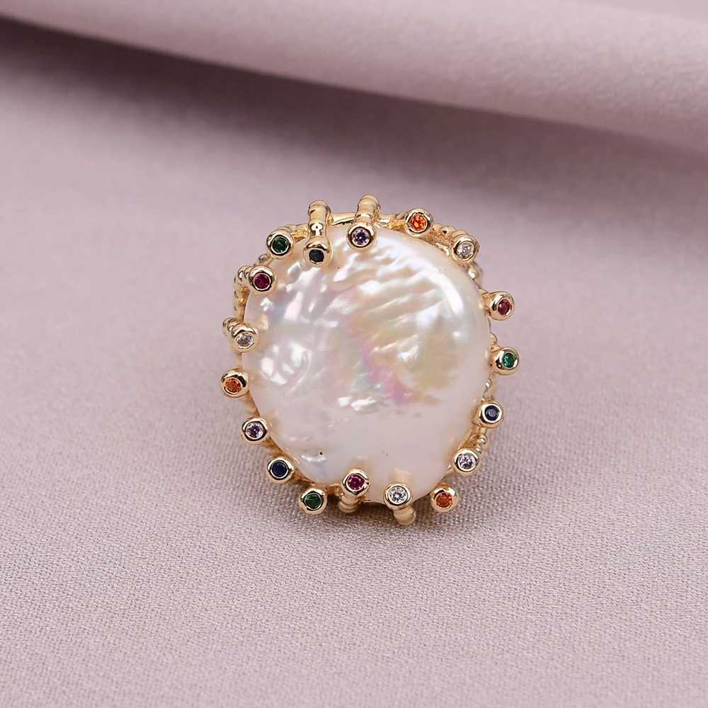 G-G Cultured White Coin Keshi Pearl Rings Mix Color CZ Paved Gold Plated Ring For Women Valentines Day Jewelry XJ250707