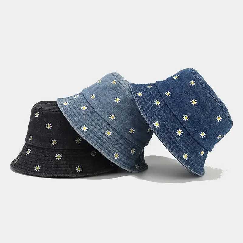 2024 Four Seasons Denim Flower Embroidery Bucket Hat Fisherman Hat Outdoor Travel Sun Cap for Men and Women Y250707