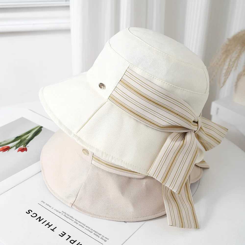 Korean Style Bucket Hat Women Thin Striped Bow Fisherman Hat Womens Spring And Summer All-match Sunshade Sun-protection Folding Y250707