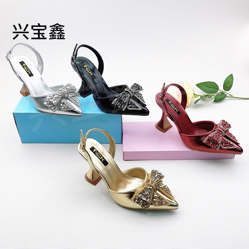 French style buckle with high heels, women's slim heel, hollow pointed, comfortable rhinestone bow, wedding shoes