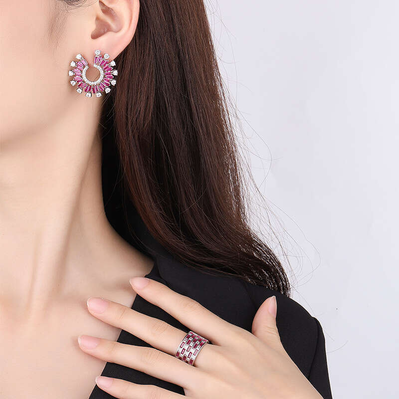 Fashion Imitation Jewelry Set Micro Paved Zircon Earrings Exaggerated Wide Band Adjustable Ring Women's Accessories Bb9