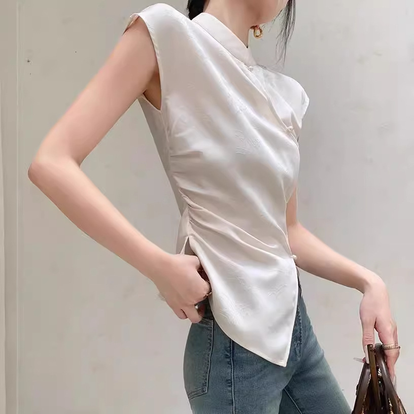 2025 Summer New Women's T-shirt Rice White Sleeveless New Chinese Ethnic Style Women's T-shirt Summer Slimming Unique Top New Designer T-shi