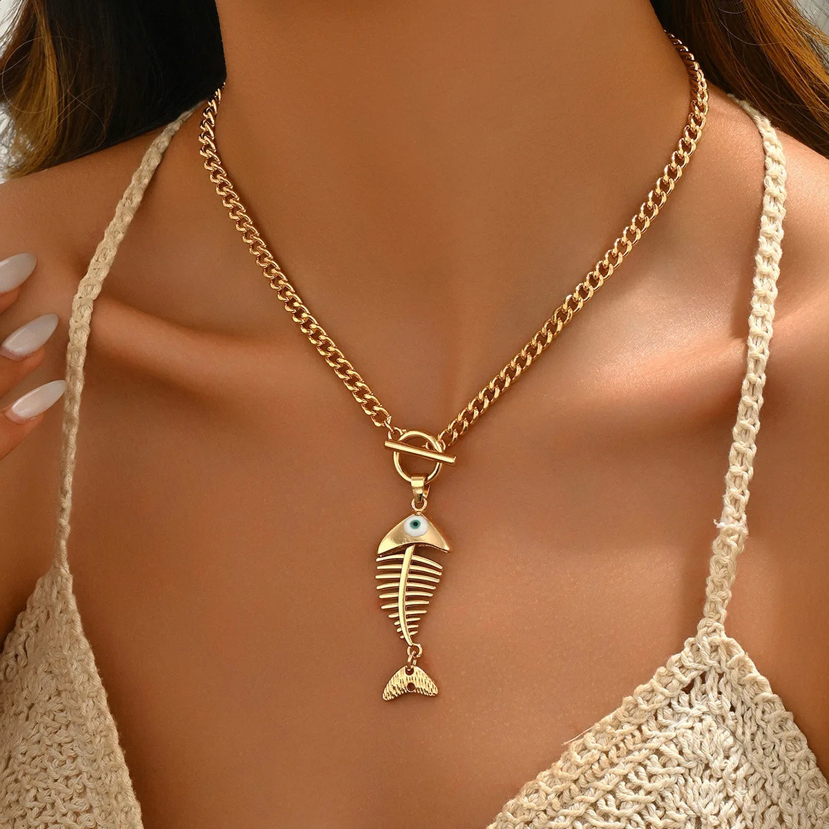 Hip Hop Ins Style Fish Bone Pendant Necklace for Women Summer Wear Niche Fashion Jewelry Holiday 250707