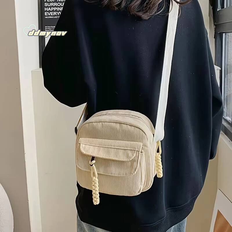 Corduroy Crossbody Bag for Women Casual Harajuku Style Zipper Closure Adjustable Strap Multi Pockets Polyester Lining Beige ddmynov