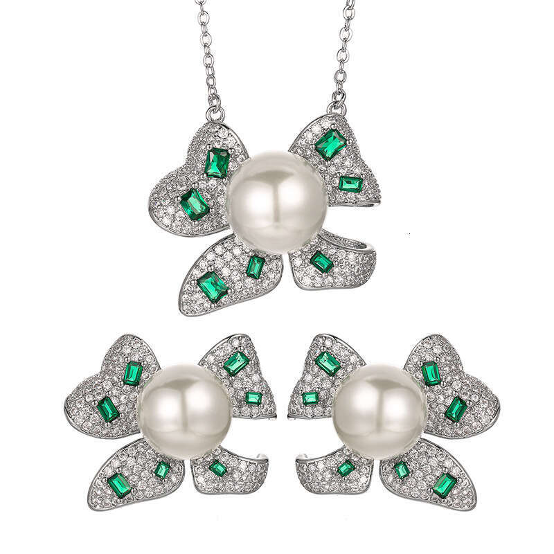 Set Emerald Bowknot Pearl Necklace Earrings Inlaid Jewelry For Women Fashion High-End Light Style C3e