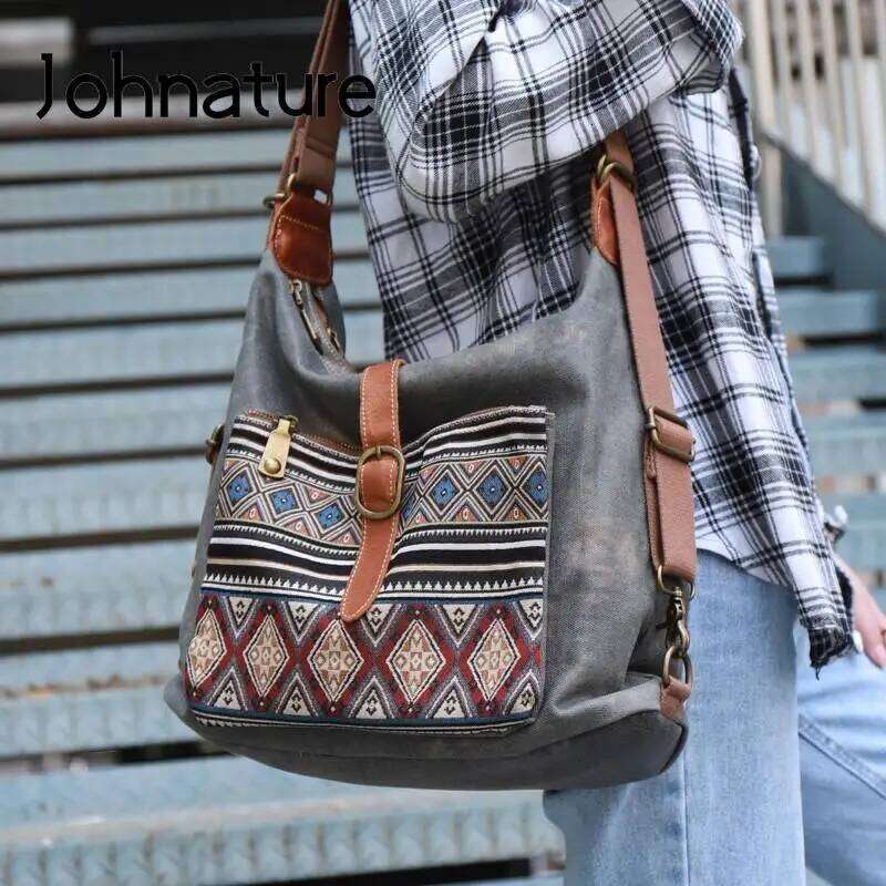 OLOEY Johnature 2025 New Denim Multipurpose Shoulder Bag Versatile Large Capacity Canvas Geometric Printed Women Crossbody Bags