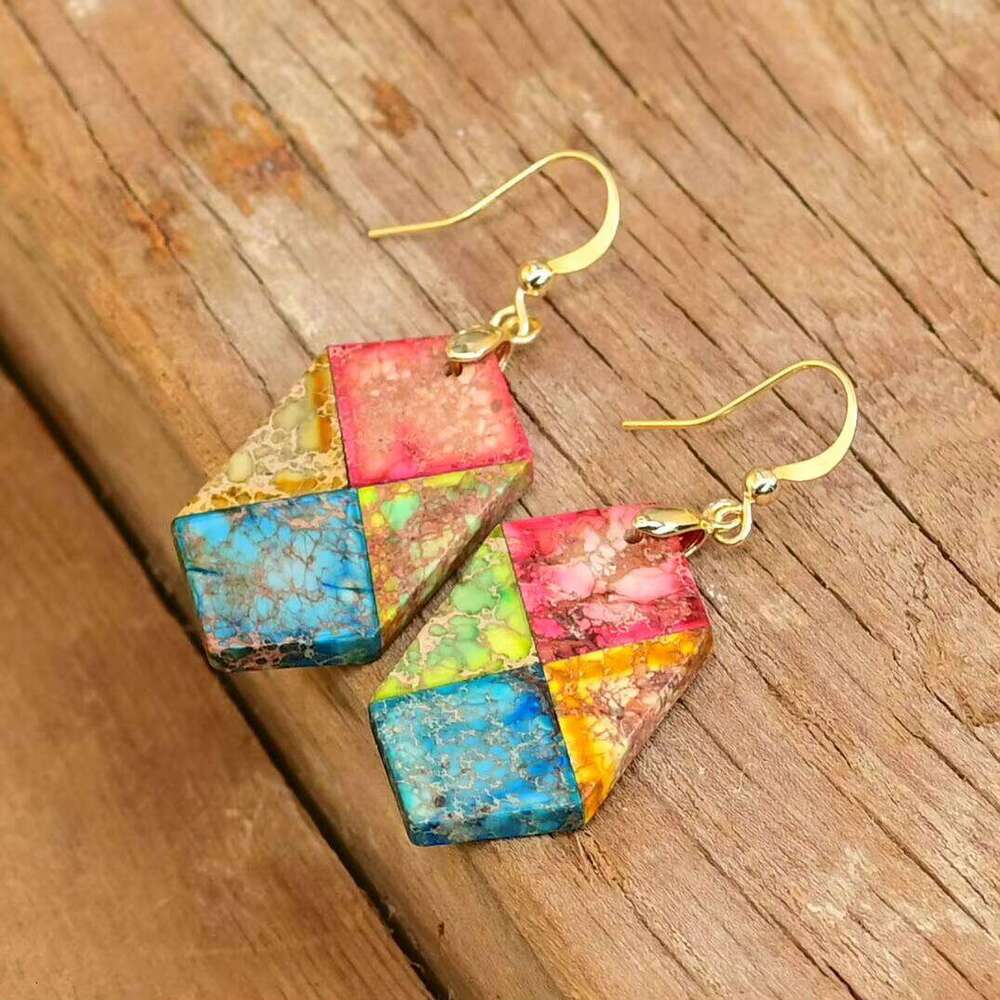 Hexagonal Natural Jasper Hanging Bohemian Charming Mixed Color Stone Earrings