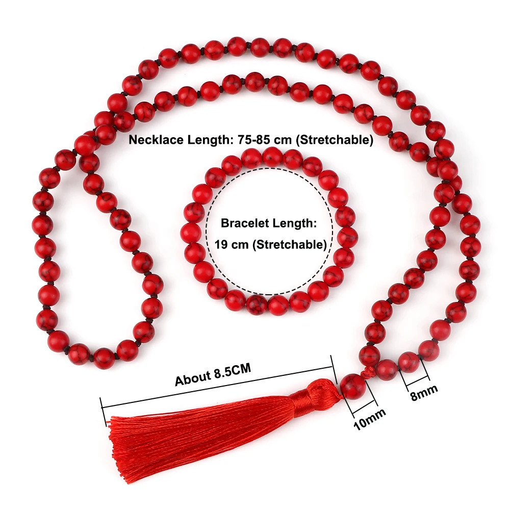 8mm Natural Black Line Red Pine Necklaces Set Fashion Handmade Knotted Tassel Pendant Charm Beaded Bracelet Yoga Spirit Jewelry 250704