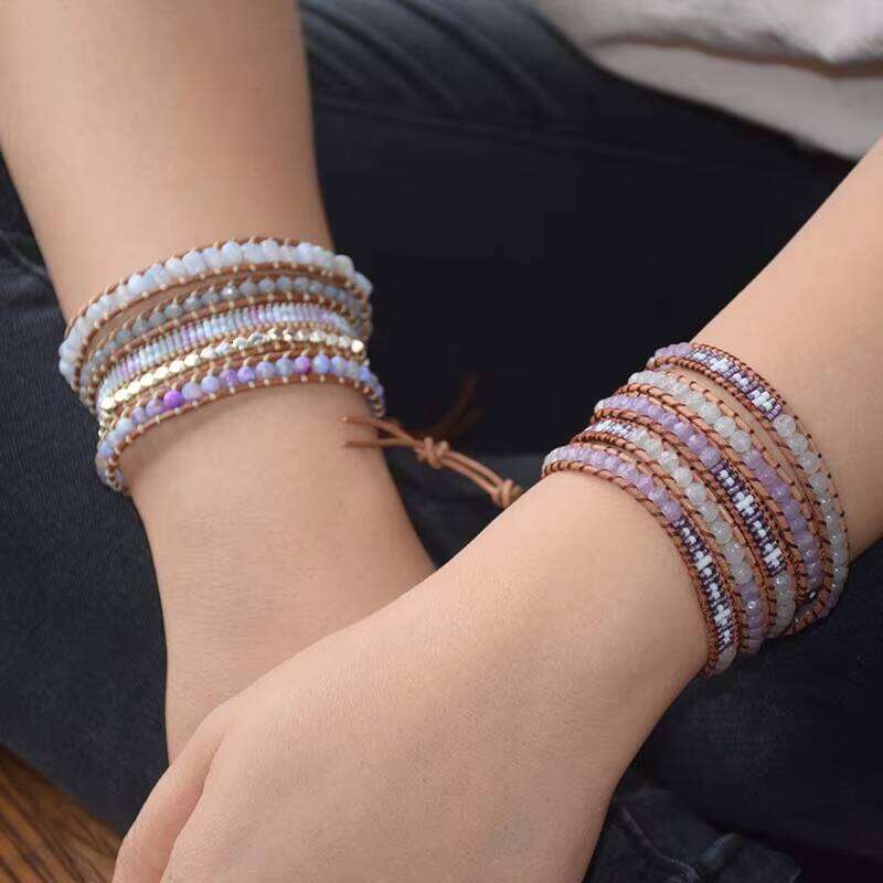 Bohemian Woven Wrapped Japanese Miyuki Seed Beads Bay Agate Leather Bracelet Women's Gift & ODM