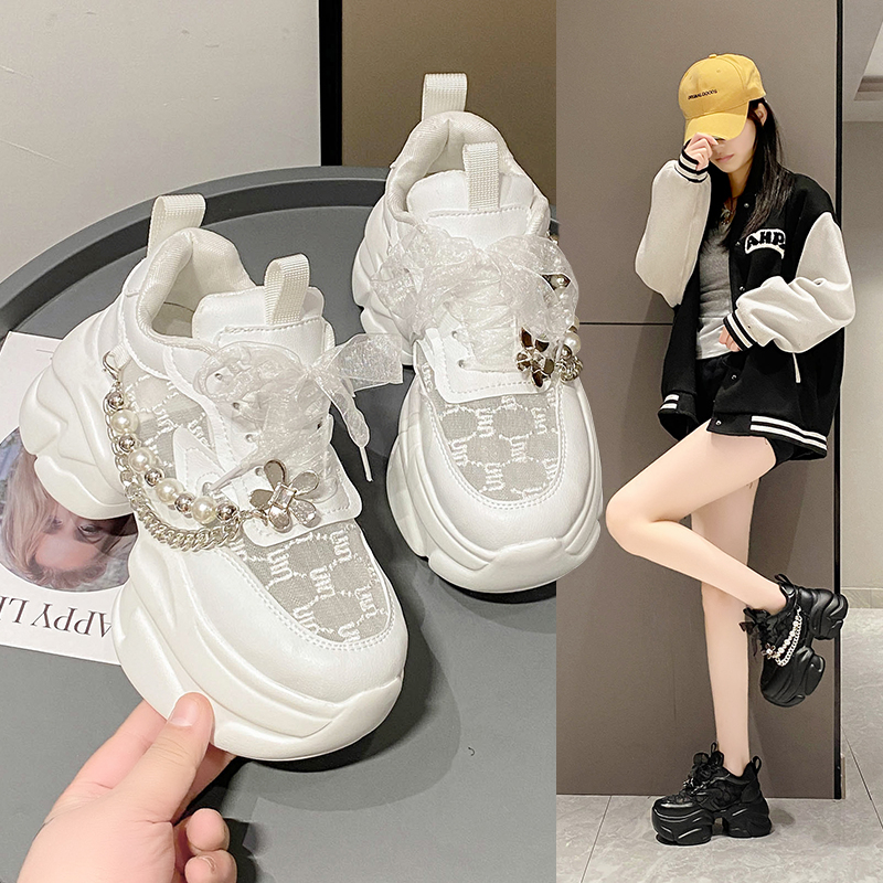 Women's Summer Platform Sneakers Breathable Mesh Lace Casual Shoes Comfortable Luxury Pearl Embellished Non Slip Running Shoes Woman Thick Bottom