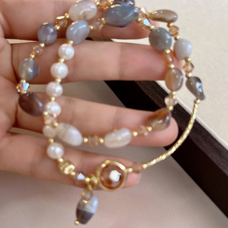 Double Layered Natural Stone Beads Pearl Metal MultiElement Bracelets For Womens Summer Sweet Accessory Trend Jewelry 250707