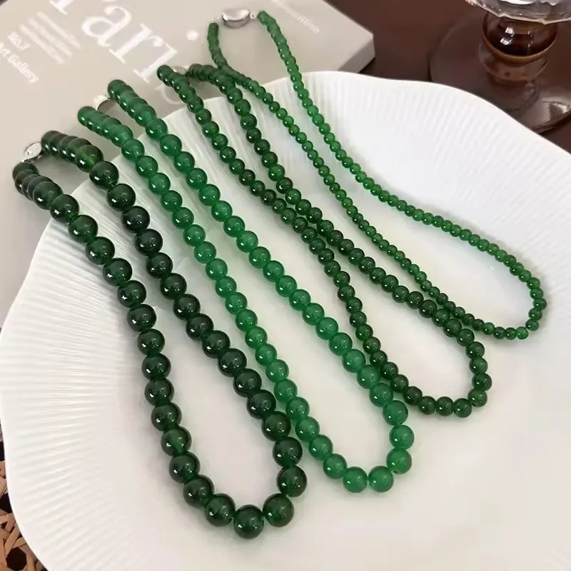Minar 2025 4 6 8 10mm Green Color Glass Beads Strand Beaded Necklace for Women Female Silver Plated Toggle Clasp Chokers 250704