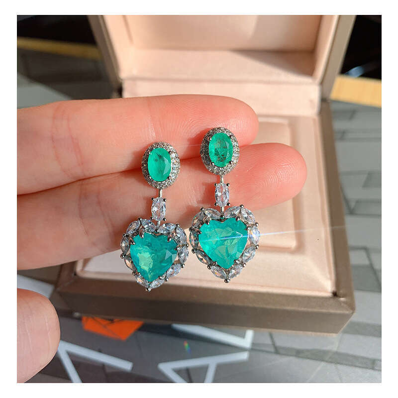 Heart Paraiba Socialite Imitation Emerald Micro Pave Zircon Earrings 2B7