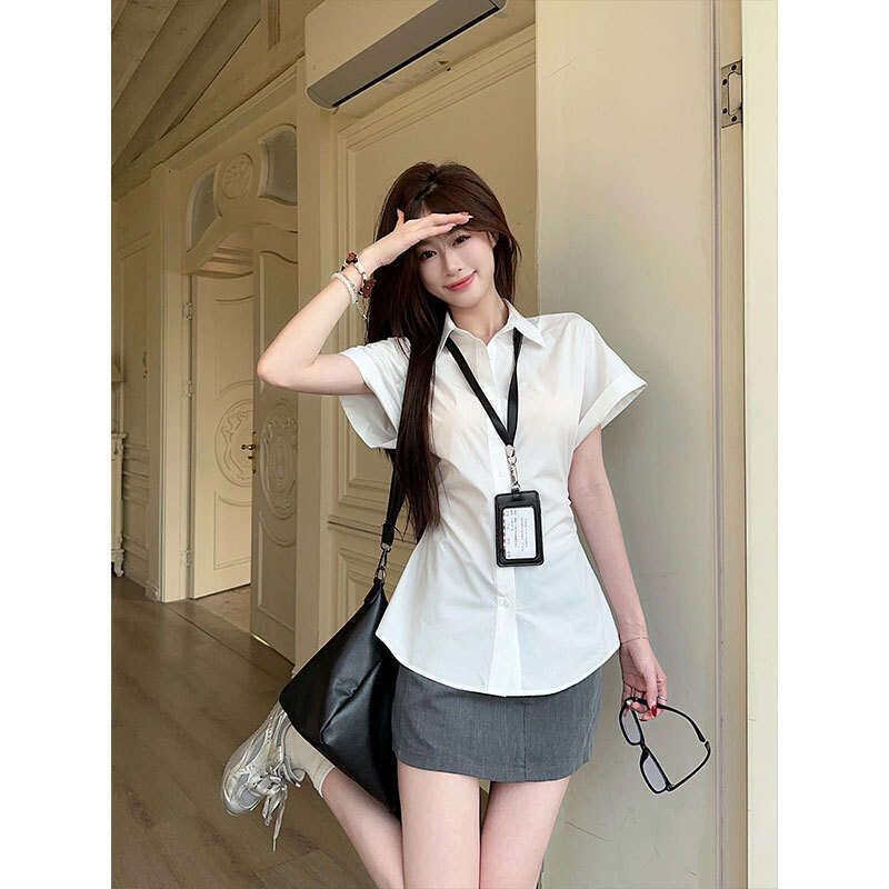 Korean Style White Polo Collar For Women Summer Design Sense Waist Slimming Versatile Stylish Cardigan Shirt B5
