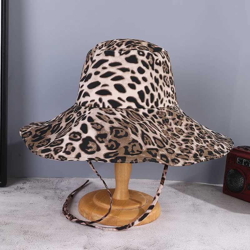 Vintage Full Version of Leopard Print Big Eaves with Rope Fisherman Hat Windproof Shade Suitable for Ladies Outing Photo Play Y250707