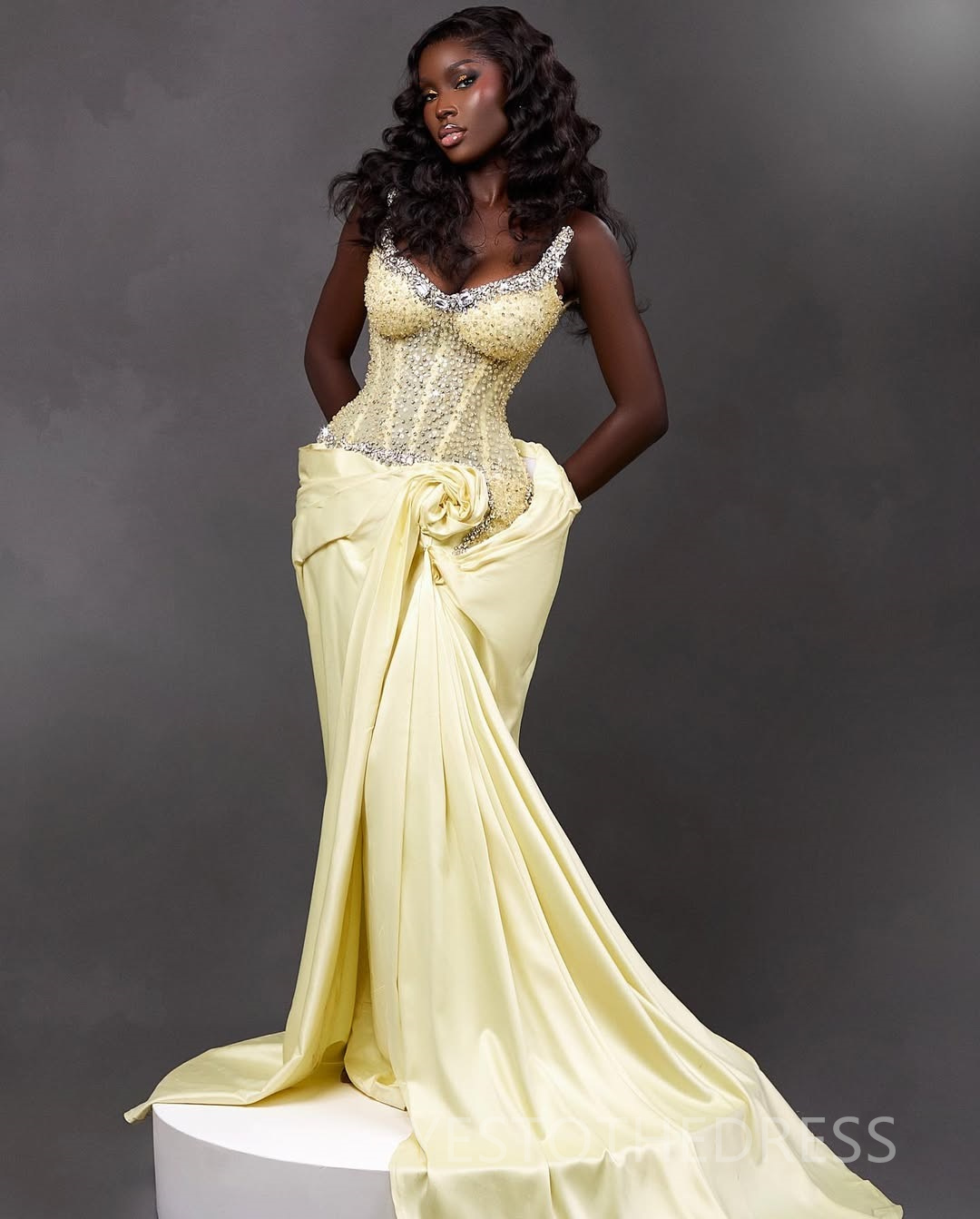 2025 African Light Yellow Aso Ebi Prom Dress African Mermaid Prom Dresses Evening Formal Gowns Beaded Crystals Pearls Birthday Dress Second Reception 