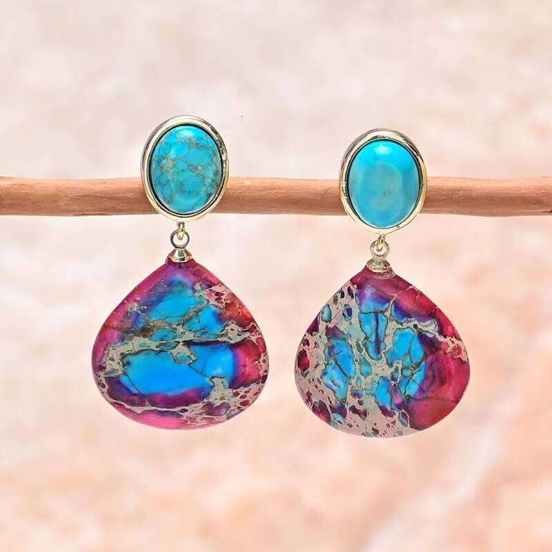Ethnic Emperor Stone Large Water Drop Jasper Bohemian Spiritual Healing Earrings