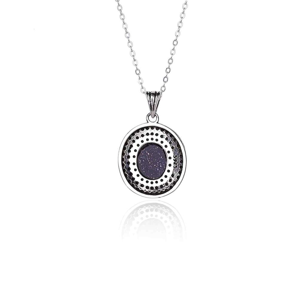 Secondhand Pure Sier Chain Large Oval Blue Sandstone Handmade Jewelry Necklace Engagement Party Gift