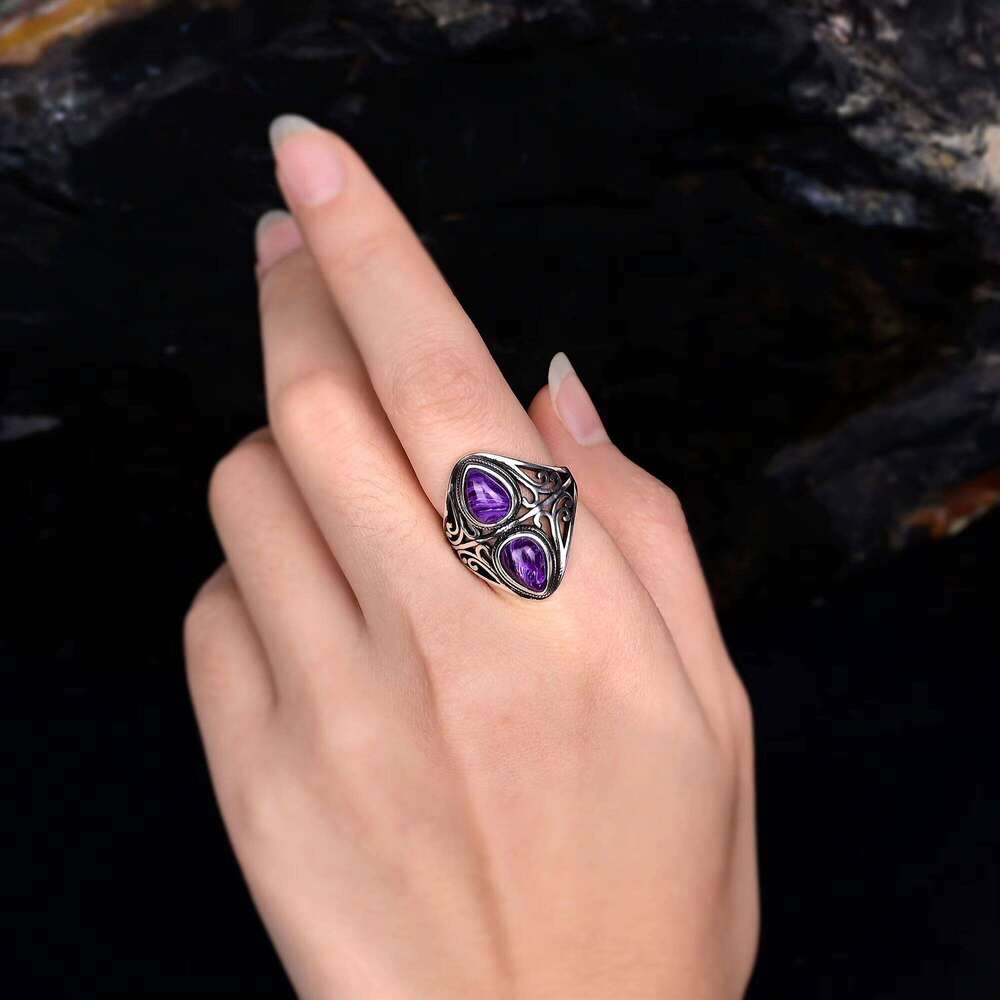 Charming Natural Charoite Bead for Women, White Copper Jewelry Ring with Home Delivery