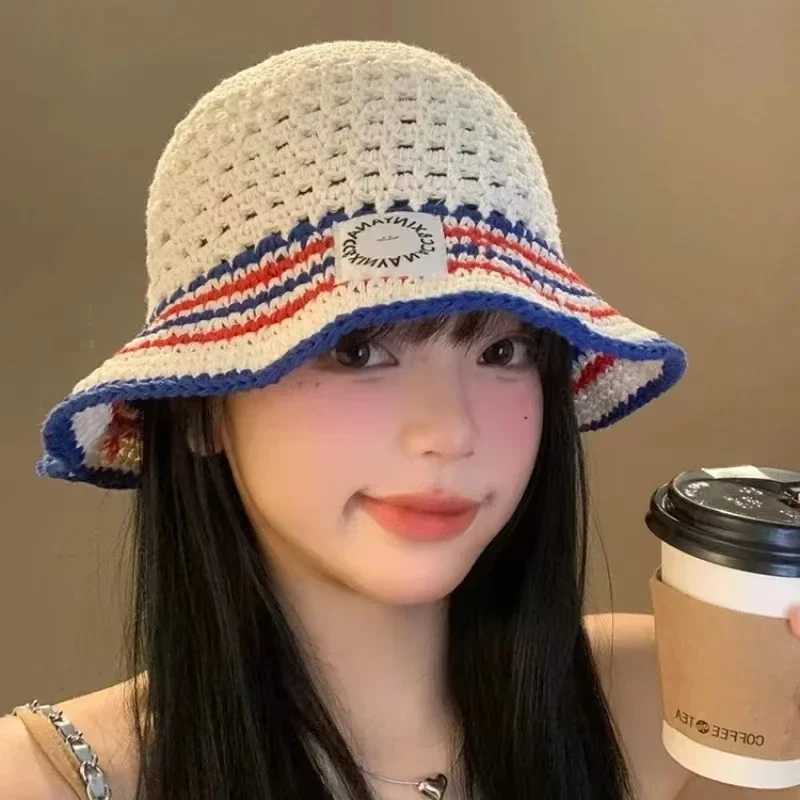 Japanese Korean Style Bucket Hat - Hand-Knitted Wool Hollow Sunshade Summer Breathable Crochet Cap for Women Fashion Sun Protection Y250707