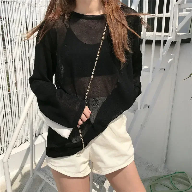 Sheer T-shirts Women Loose Korean Fashion Summer Sun-proof Leisure Clean Fit All-match Long Sleeve Breathable Lazy Ulzzang 2XL 250703