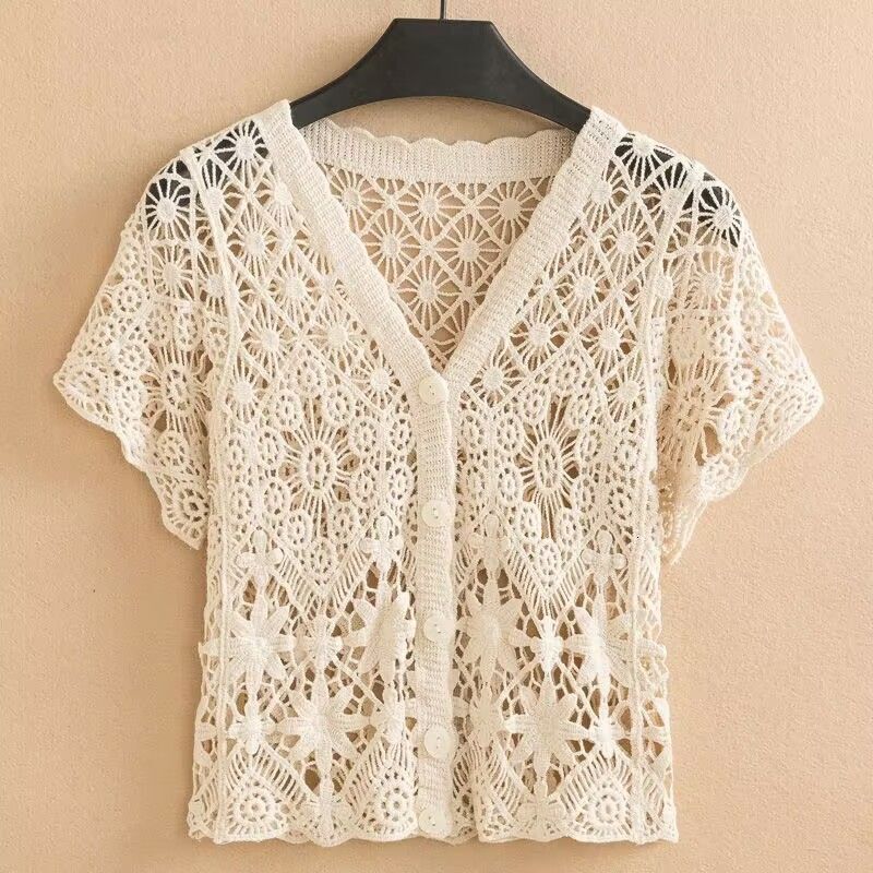 2025 Summer New Women's T-shirt Summer Short Lace Hollow Knitted V-neck Short Sleeve Cardigan Wool Sweater New Designer T-shirt