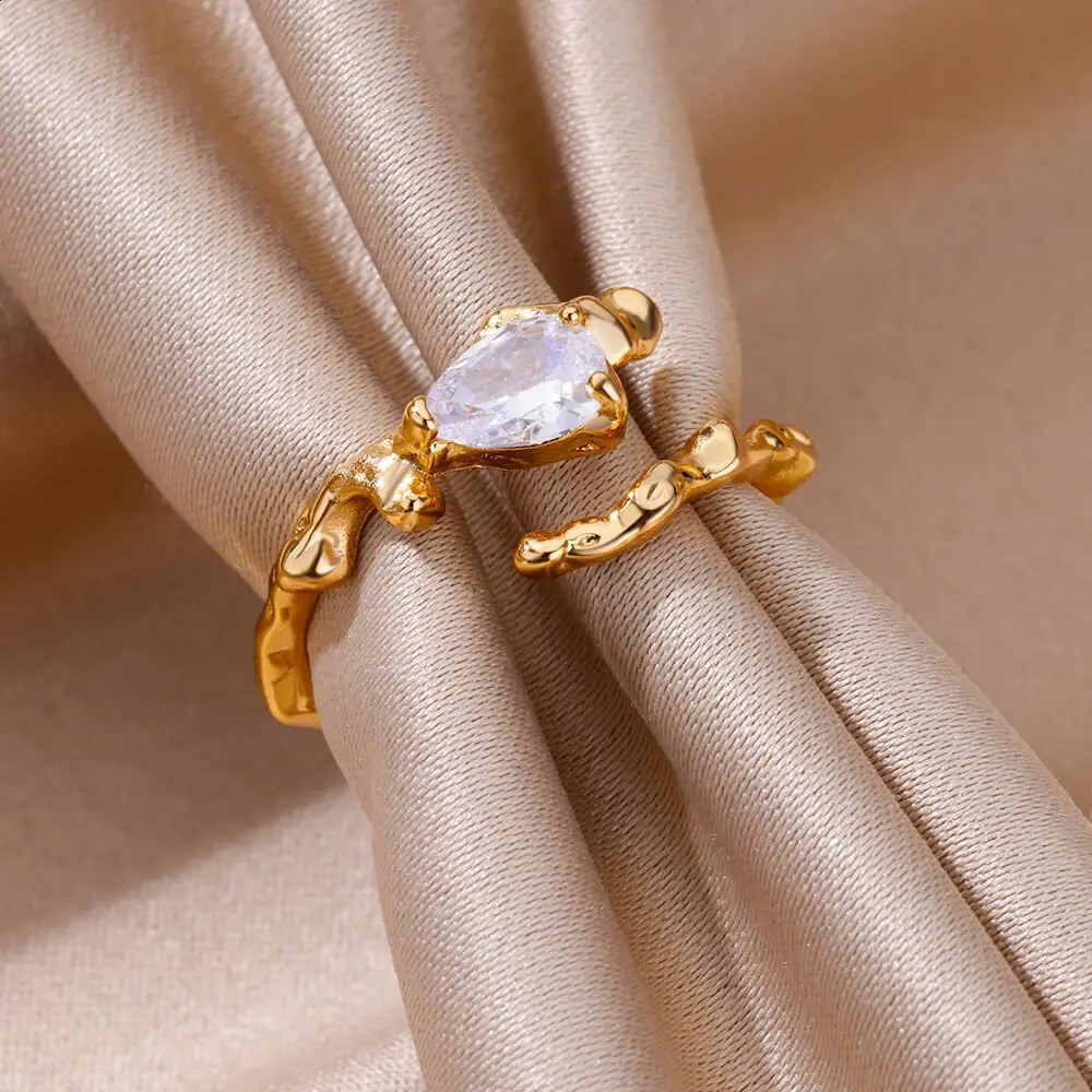 Water Drop Zircon Texture Rings For Women Gold Plated Stainless Steel Adjustable Ring 2023 Trend Wedding Aesthetic Jewelry Gift 250624