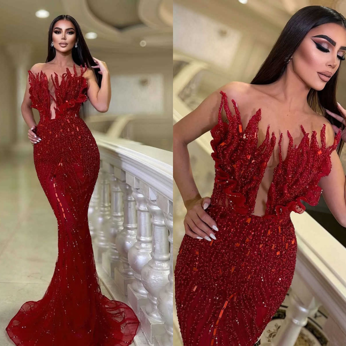 Exquisite Red Mermaid Evening Dress Strapless Sleeveless Beading Sequins Prom Gowns Floor Length Formal Dresses Customized