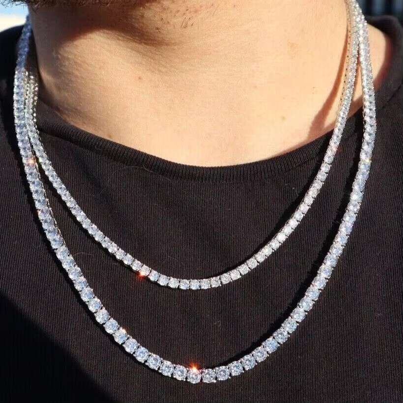 In Stock 3mm Tennis Necklace Iced Out Men 925 Sterling Silver White Gold Plated Moissanite Tennis Chain