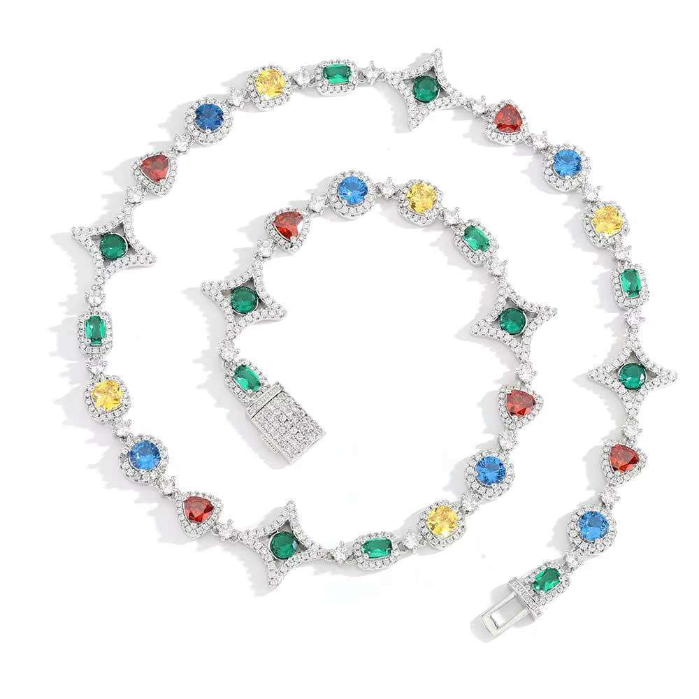 Hip Hop Colourful Gem Clover High End Iced Out CZ Zircon Tennis Chain Anti Non Tarnish Free Fashion Jewelry Necklaces Wholesale