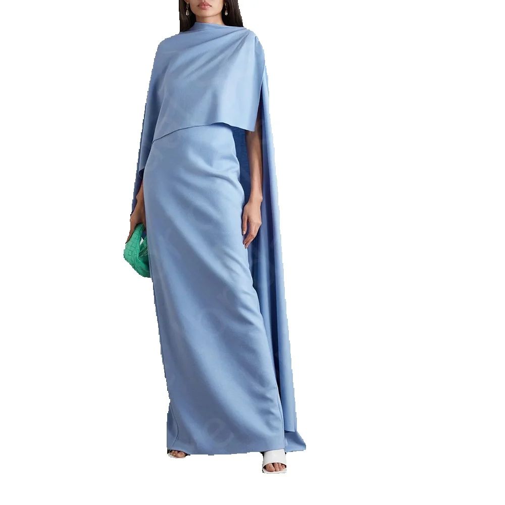 Customized Unique Baby Blue Evening Dresses Latest Prom Gowns with Cape Dresses High Neck Floor Length Simple