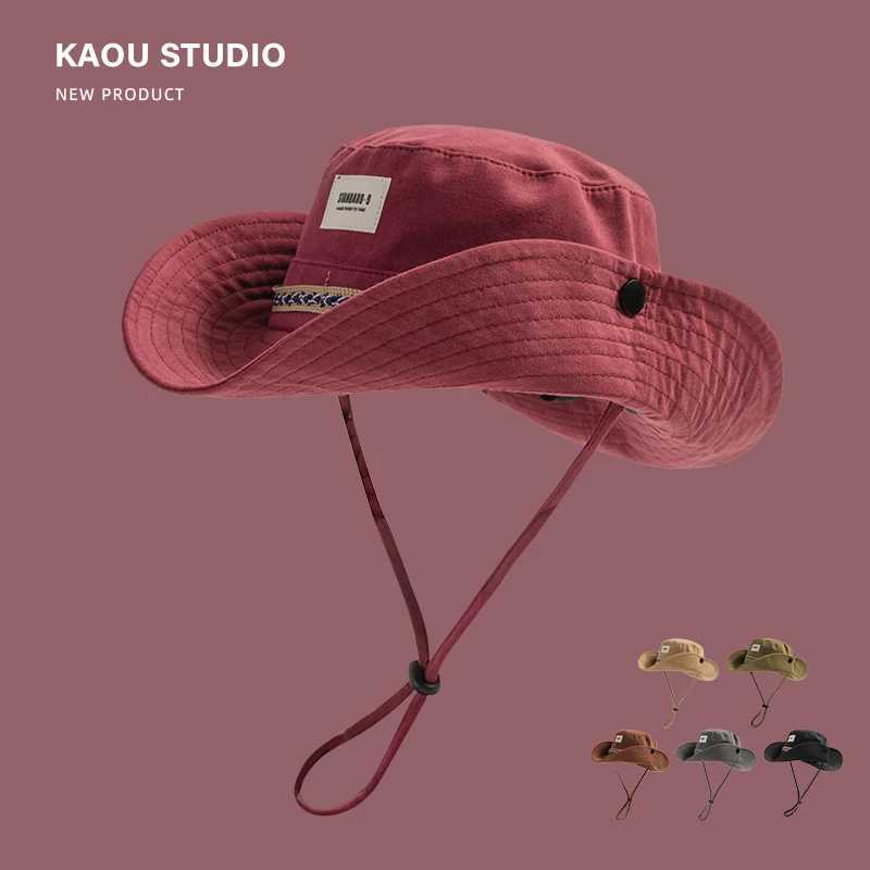 Japanese Harajuku Tooling Style Bucket Hats for Men and Women Outdoor Camping Sunshading Fashion Sticker Western Cowboy Caps Y250707