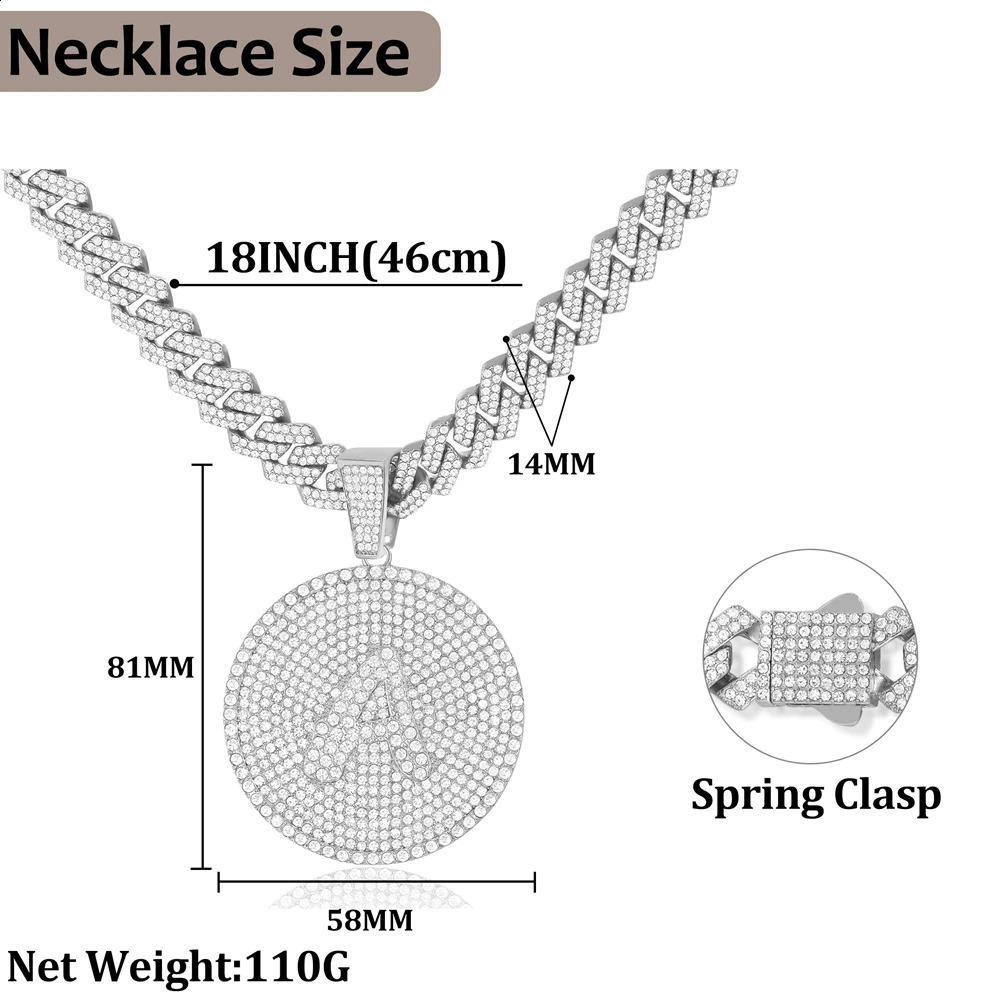 iced Out Round Initial Pendant Necklace 14MM Rhombus Cuban Link Chain 26 Letter Necklaces for Women and Men Hiphop Jewelry 250707