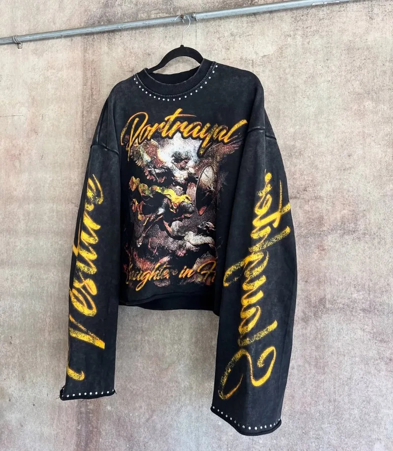 Trendy Hip-hop Rock Long-sleeved Tops Men Y2k Harajuku Retro Anime Letter Print American Street Round Neck T-shirt Women 250707