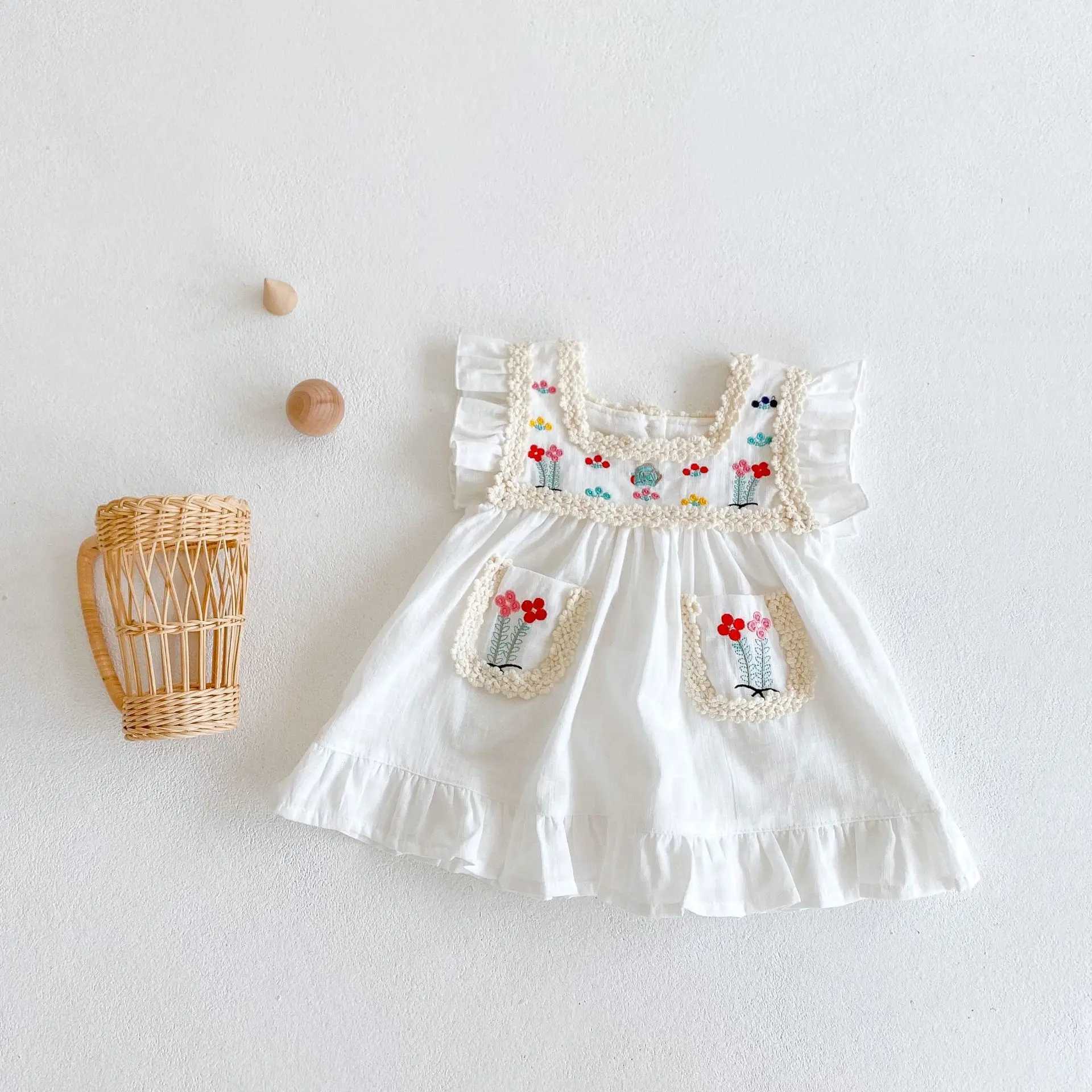 Summer new baby clothes for 0-3 years old baby girl dress exquisite flower embroidery short-sleeved dress A-line skirt R250707