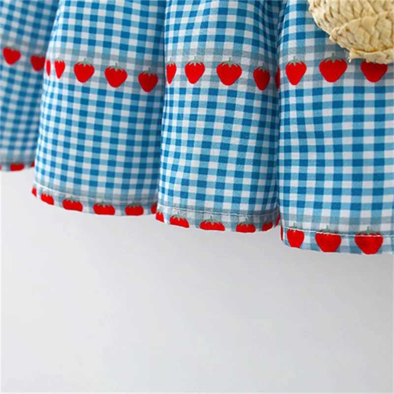 2Pcs/Set Summer Baby Girl Blue Plaid Dress Lovely Cherry Kids Clothing Fashion Toddler Sleeveless Dresses 0-4 Years Children Costume R250707
