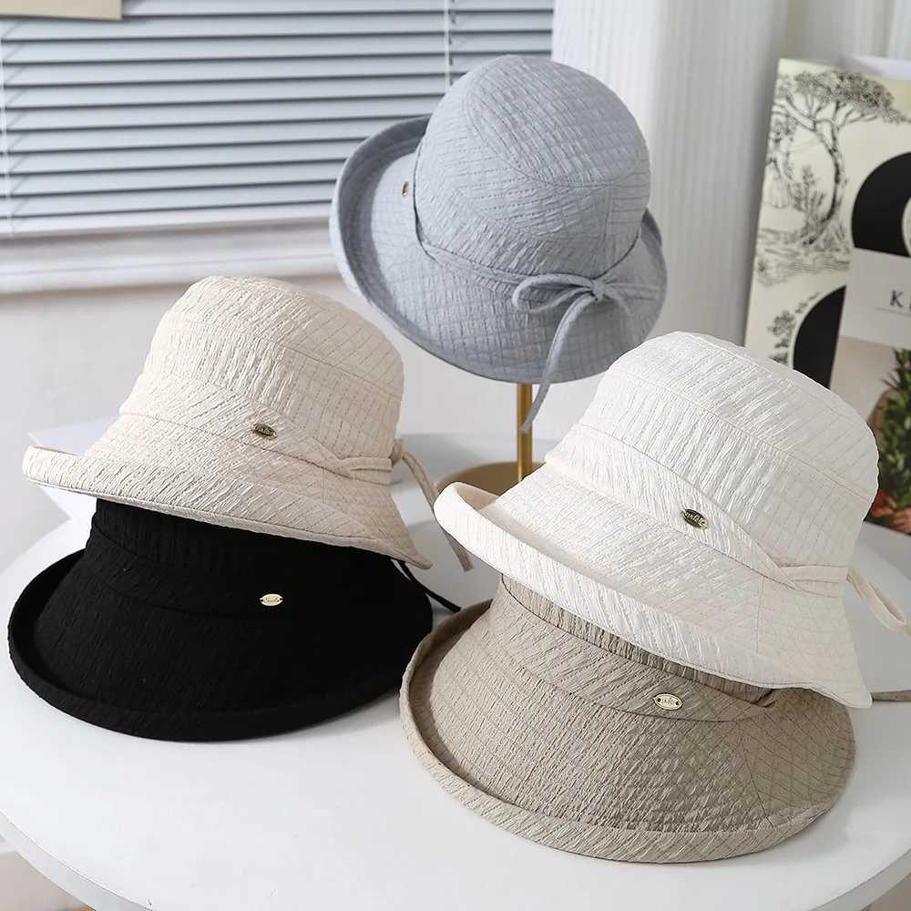 Womens Bucket Hat Elegant Lady Fisherman Cap With Bow Wide Brimmed Spring Summer Hats For Women Foldable Cloth Sunhat New Y250707