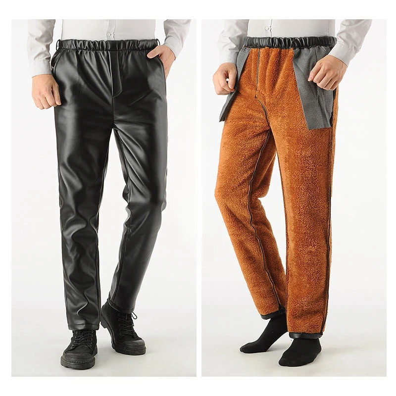 Men Gothic Pants Plus Fleece Thicken Winter Waterproof Straight Loose Elastic Comfortable Moto Biker Casual Leather Trousers 250704