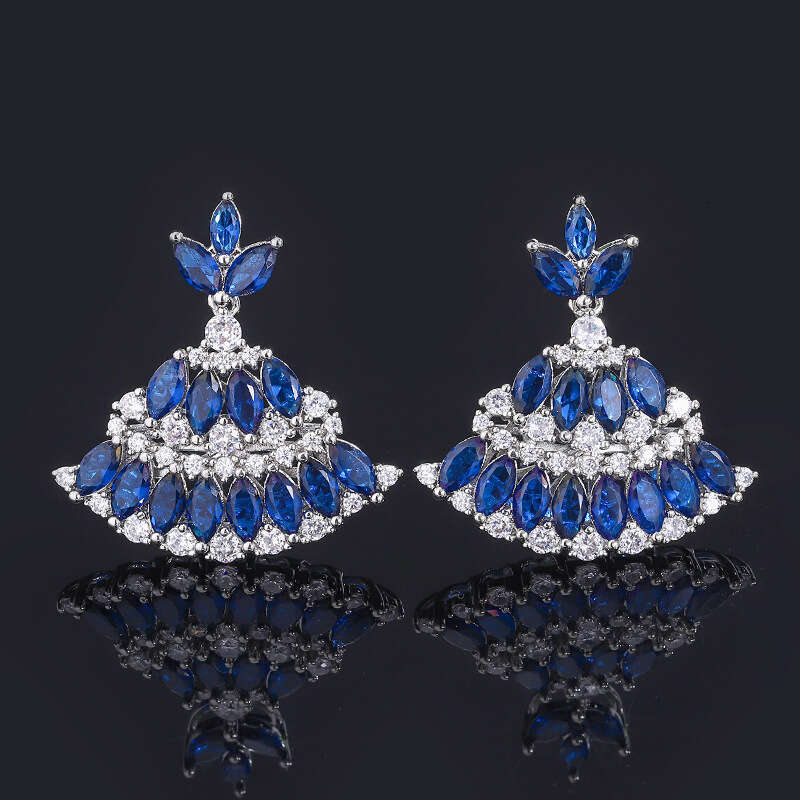 Zircon Luxurious Red Tourmaline Drop Fan-Shaped Skirt Royal Blue Earrings 095