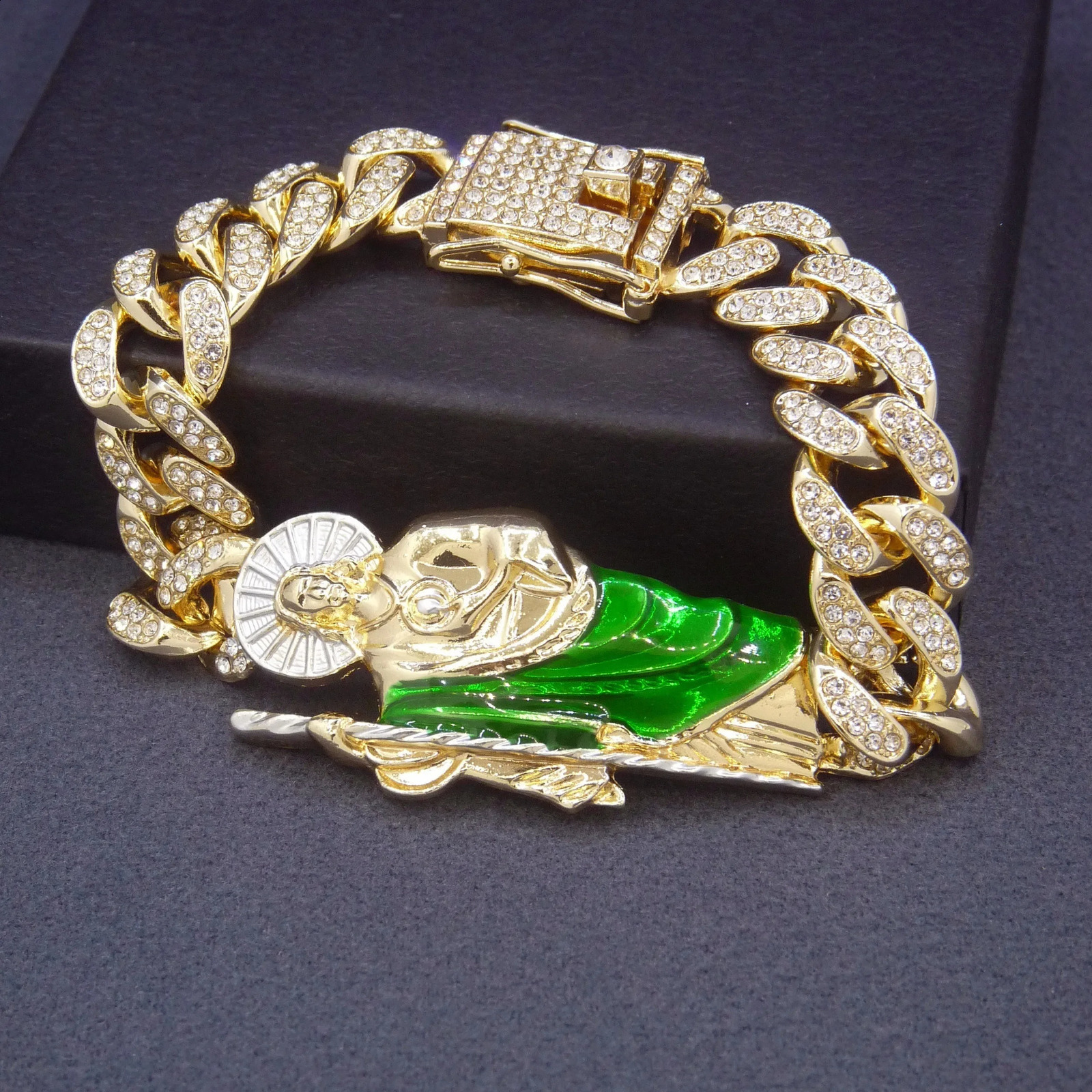 Fashionable Zinc Alloy Cuban Chain Bracelet with Glitter Decoration and Shengling Pendant NonMagnetic NonCoated Jewelry Gift 250707
