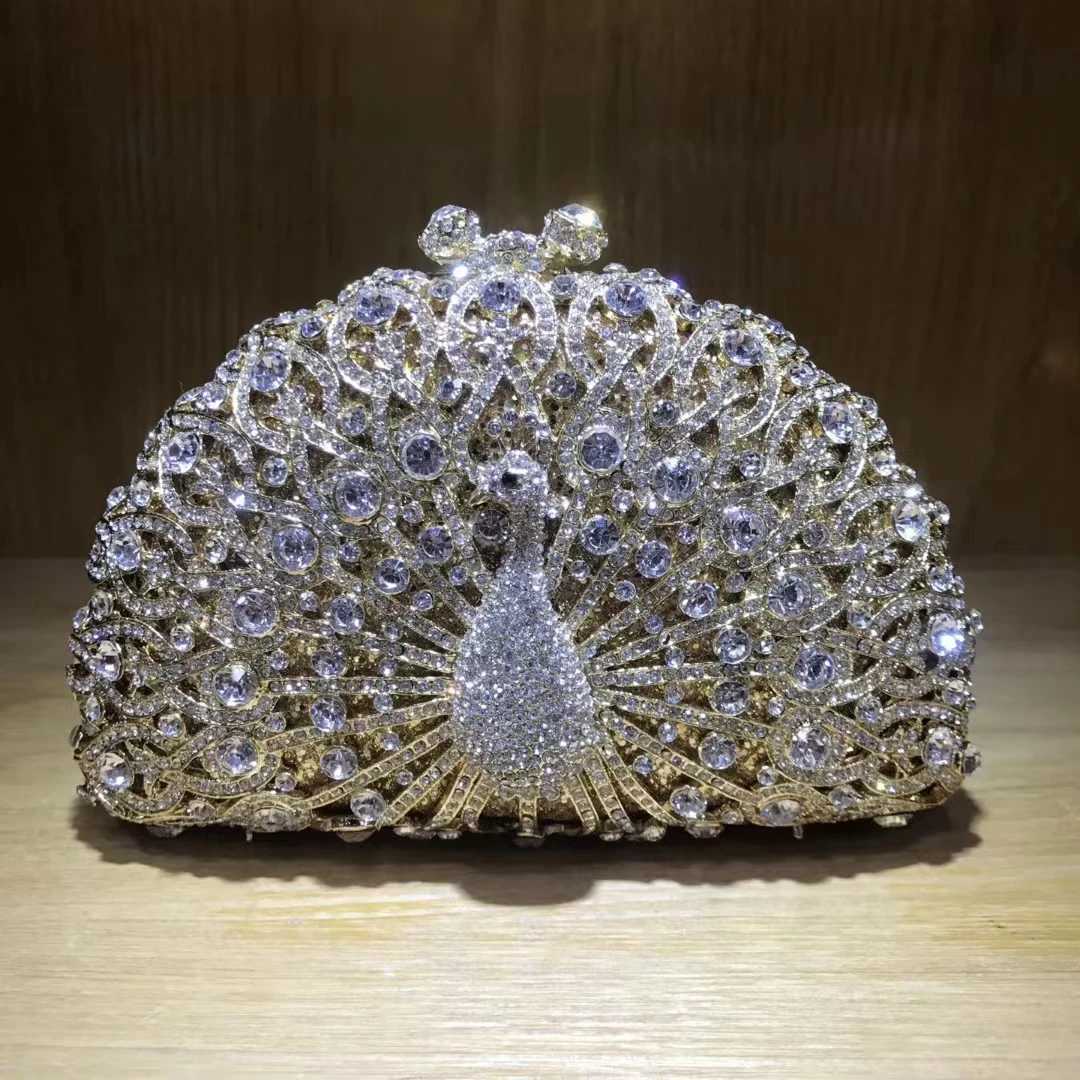 XIYUAN Woman Peacock Hollow Crystal Evening Bag Multicolored Diamond Bridal Animal Clutch Purse Wedding Cocktail Party Handbag